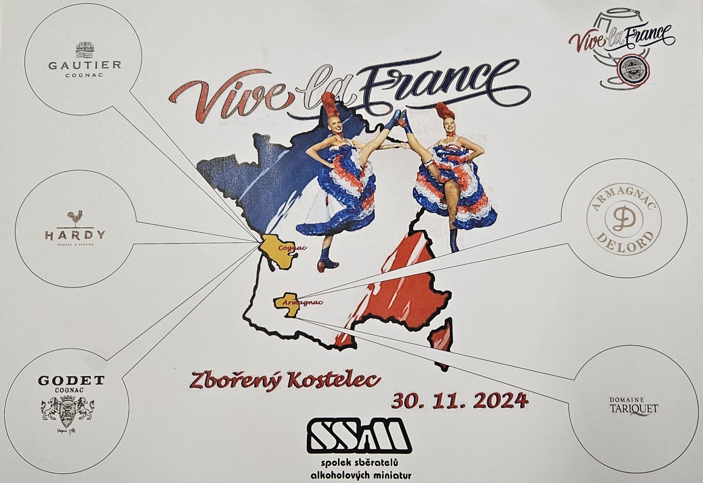 Degustace DDS # 8 - Vive la France
Zboen Kostelec - 30.11.2024
DDS SSaM (Divize degustanch specialist Spolku Sbratel alkoholickch Miniatur)
Gautier cognac Pinar Del Rio exclusive cigar blend XO - Hardy cognac Legend 1863 - Godet cognac XO Fine Champagne - Bas-Armagnac Delord Hors d` Age - Domaine Tariquet XO Bas-Armagnac - Hennesy Very Special cognac