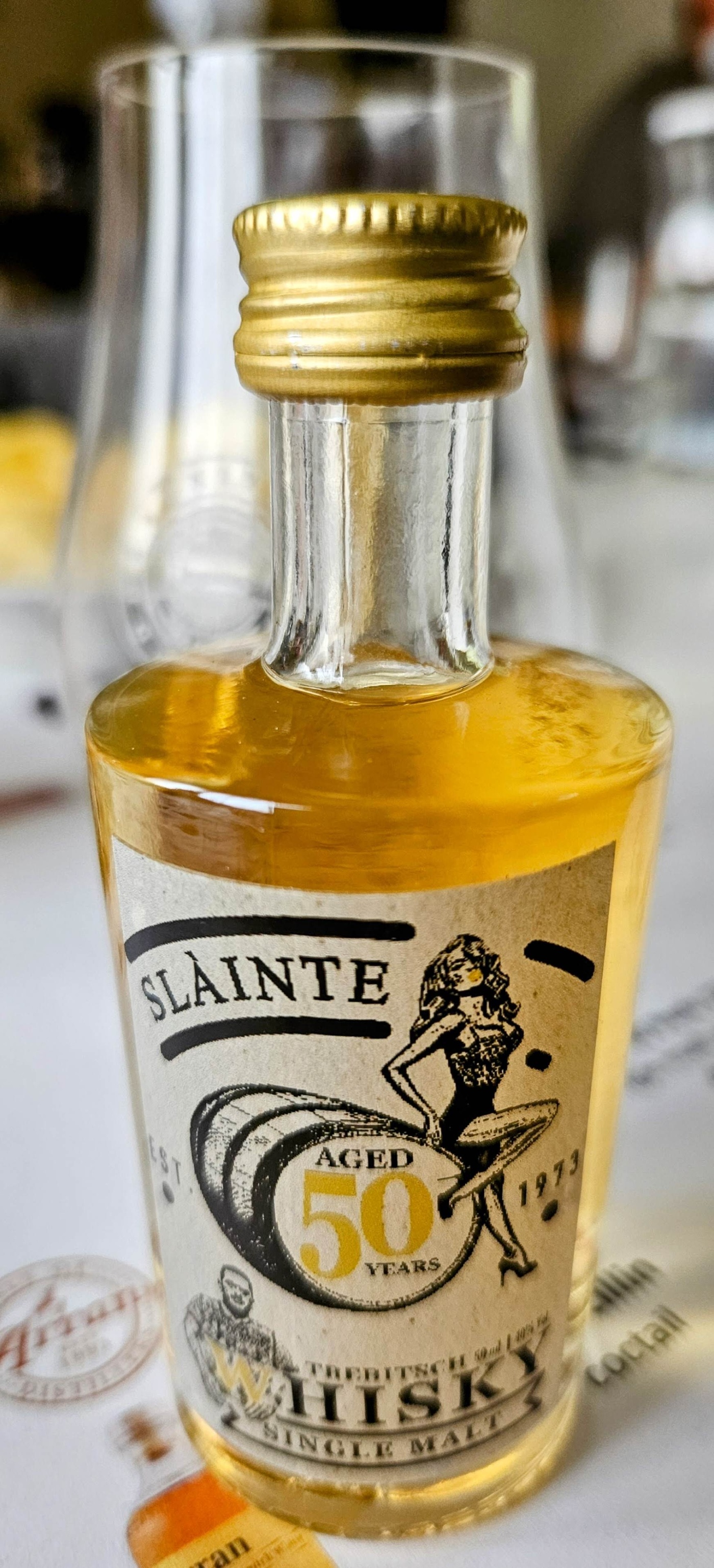 Degustace DDS # 5 - Vy(Whi)sok kola ivota
Zboen Kostelec - 12.8.2023
DDS SSaM (Divize degustanch specialist Spolku Sbratel alkoholickch Miniatur)
Whisky Ginger (Tullamore Dew) - Old Fashioned (Jack Daniel`s) - Dimple 15yo blended whisky - Glenfiddich 12yo single malt whisky - Aberfeldy 12yo single malt whisky - Arran Sauternes cask finish single malt whisky - Penicillin (Ballantines fines`t, Laphroaigh islay single malt scotch whisky) - Highland Park 12yo single malt whisky - Kilchoman Machir Bay single malt whisky - Port Charlotte Heavily Peated single malt whisky