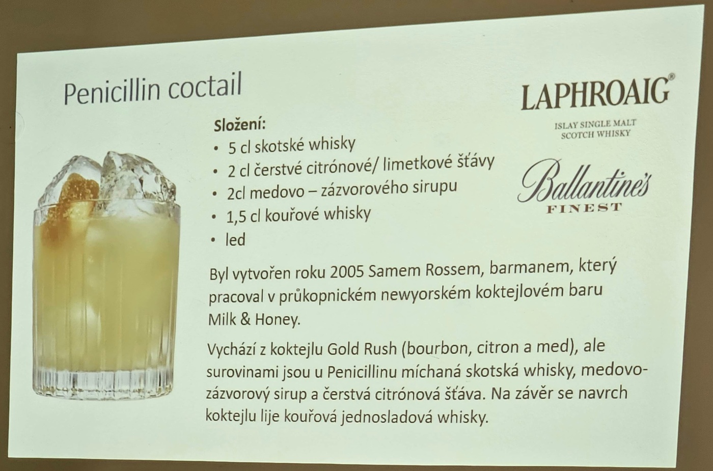 Degustace DDS # 5 - Vy(Whi)sok kola ivota
Zboen Kostelec - 12.8.2023
DDS SSaM (Divize degustanch specialist Spolku Sbratel alkoholickch Miniatur)
Whisky Ginger (Tullamore Dew) - Old Fashioned (Jack Daniel`s) - Dimple 15yo blended whisky - Glenfiddich 12yo single malt whisky - Aberfeldy 12yo single malt whisky - Arran Sauternes cask finish single malt whisky - Penicillin (Ballantines fines`t, Laphroaigh islay single malt scotch whisky) - Highland Park 12yo single malt whisky - Kilchoman Machir Bay single malt whisky - Port Charlotte Heavily Peated single malt whisky