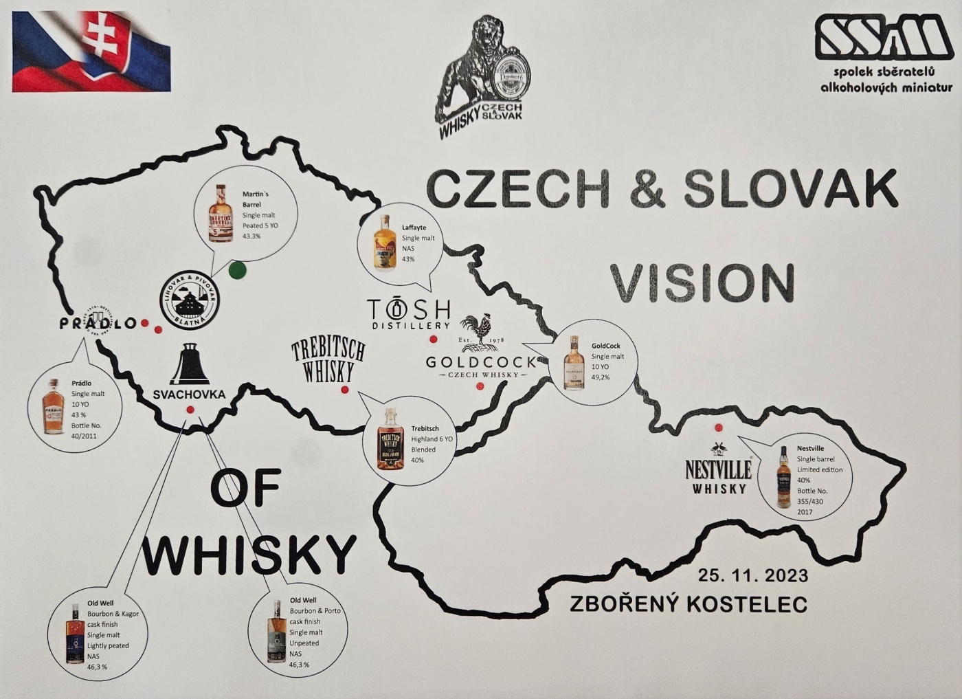 Degustace DDS # 6 - czech&slovak vision of whisky
Zboen Kostelec - 25.11.2023
DDS SSaM (Divize degustanch specialist Spolku Sbratel alkoholickch Miniatur)
Old Well Bourbon & Porto cask finish Single malt Unpeated - Trebitsch Highland 6YO Blended - Prdlo single malt 10yo - Nestville Single barrel Limited edition - Lafaette Single malt - GoldCock Single malt 10yo - Martin`s Barrel Single malt Peated 5yo - Old Well Bourbon & Kagor cask finish Single malt Lightly peated